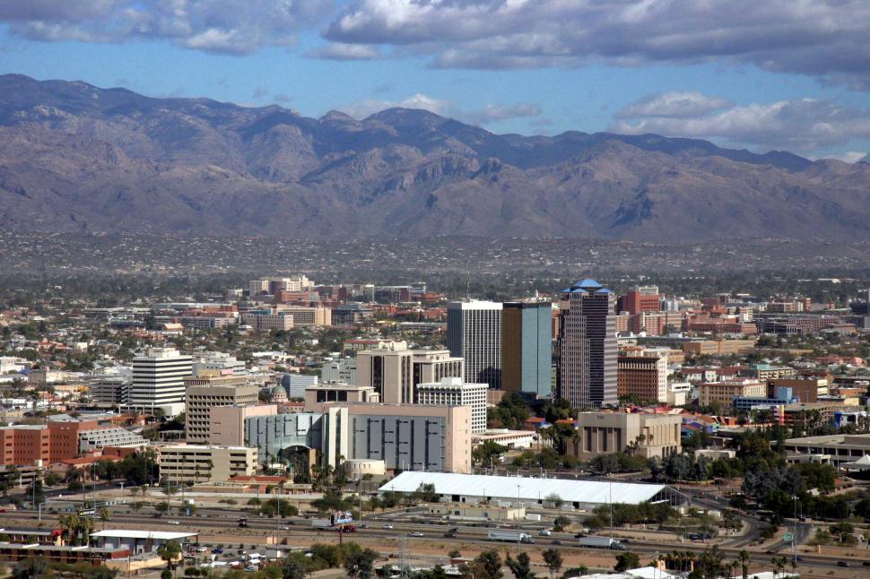 Arizona city skyline with mountain backdrop