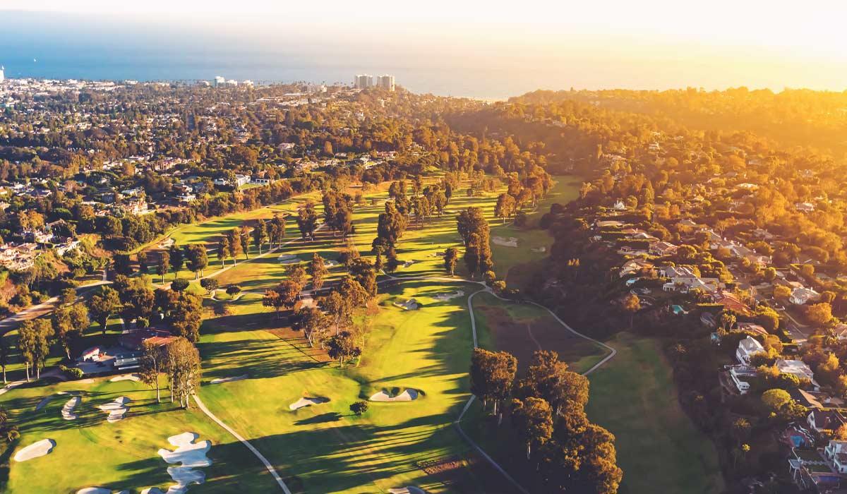 Aerial view of the Riviera Country Club golf course in Pacific Palisades