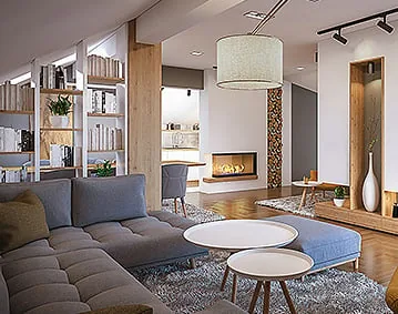 Furnished open plan living room with a fireplace in a newly occupied home
