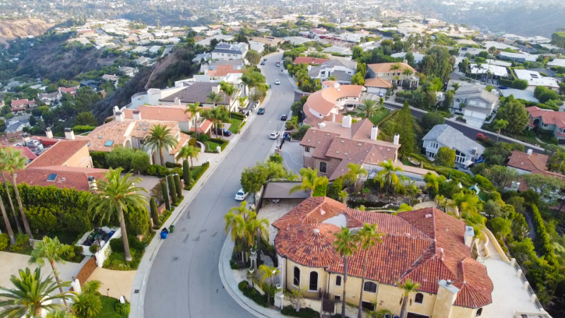 Aerial view of Pacific Palisades neighborhood and houses